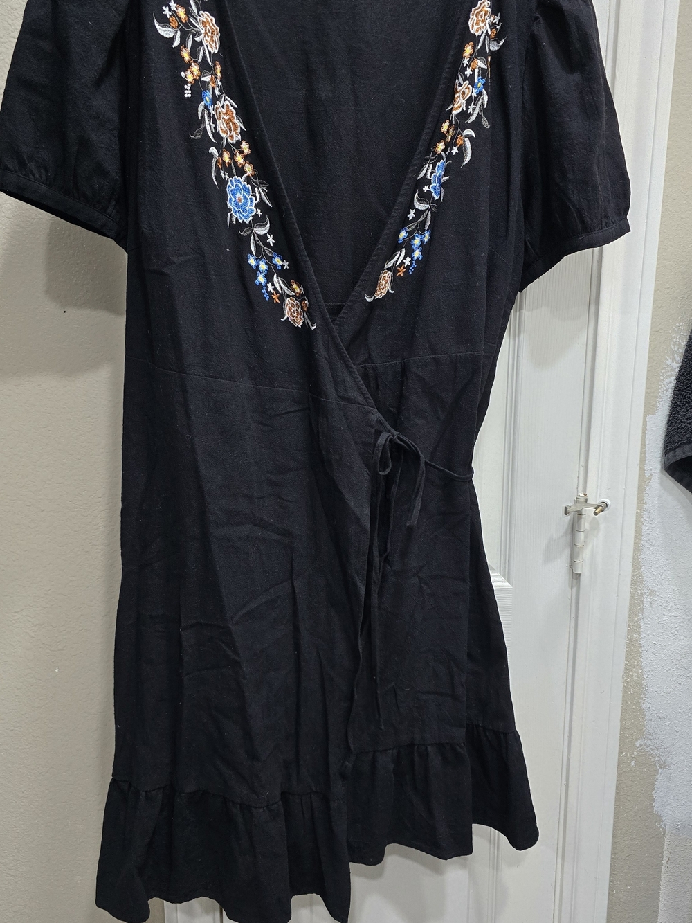 SHEIN Black Wrap Midi Dress with Blue & Gold Floral Embroidery